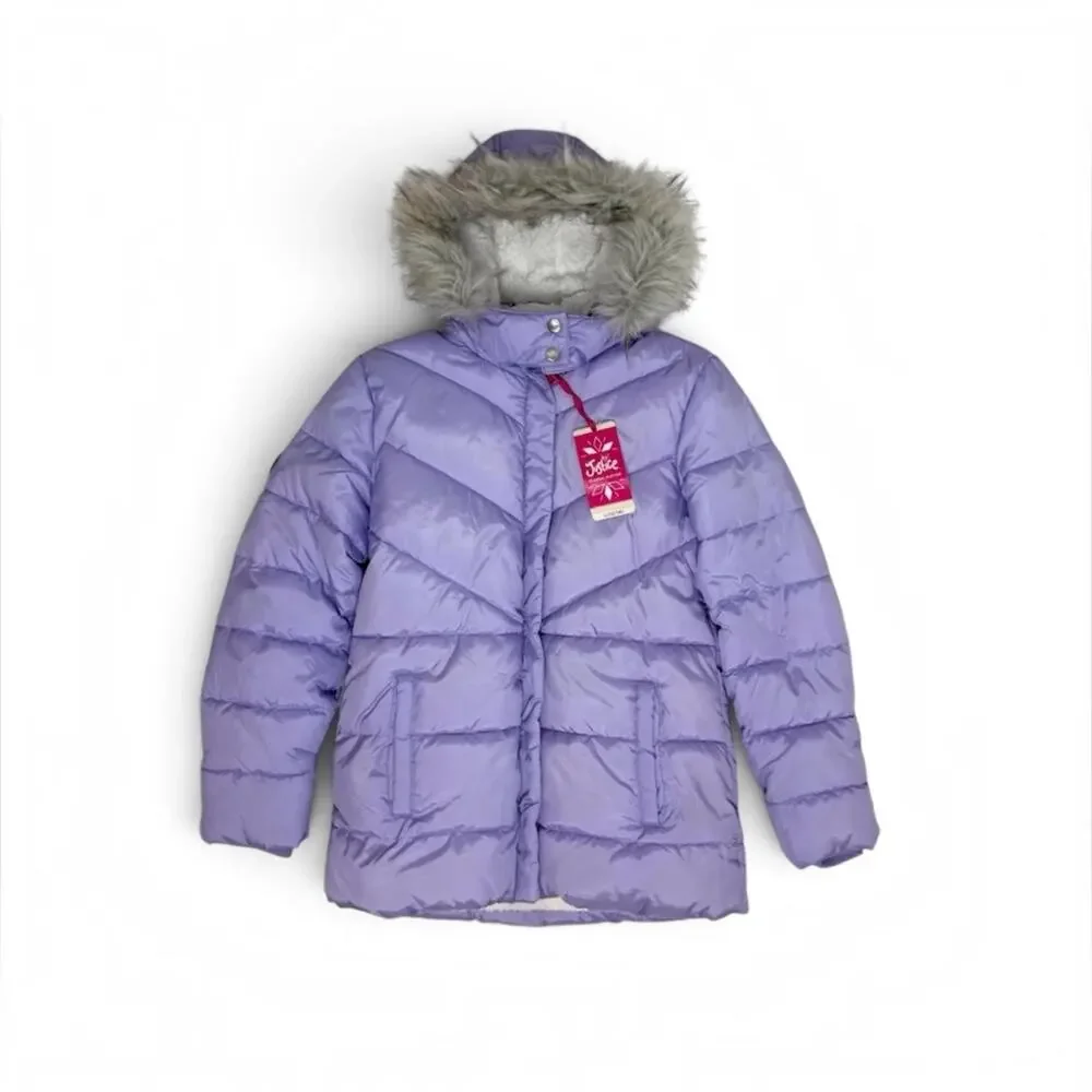 Justice Girls Classic Puffer Jacket Faux Fur Hood Winter Coat Lavender Size L